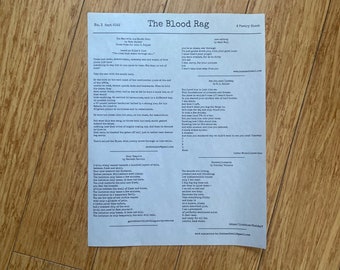 The Blood Rag #3 Poetry Sheet - Matt Wall, B.L. Koller, Slaidy Valheim, Garrett Carroll, Beth Walker - poetry broadside - zine