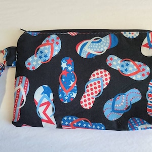 Red, White, and Blue Flip Flops Wristlet, Cell Phone Purse, Change Purse, Clutch, Zippered Bag, Toiletry Bag, Allergy Pen Holder, Travel Bag