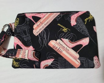 Travel Themed Wristlet, Pink High Heels Wristlet, Paris Wristlet, New York Wristlet, Rome Wristlet, London Wristlet, Change Purse, Clutch