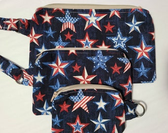 Red, White, and Blue Stars Wristlet, Cell Phone Purse, Change Purse, Clutch, Ear Buds Bag, Zippered Bag, Toiletry Bag, Allergy Pen Holder
