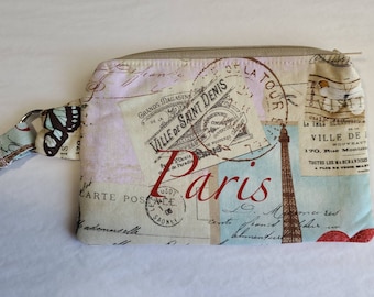 Pink Paris Wristlet, Cell Phone Purse, Change Purse, Clutch, Paris Bag, Zippered Bag, Toiletry Bag, Allergy Pen Holder, Travel Bag