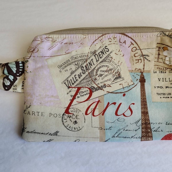 Pink Paris Wristlet, Cell Phone Purse, Change Purse, Clutch, Paris Bag, Zippered Bag, Toiletry Bag, Allergy Pen Holder, Travel Bag