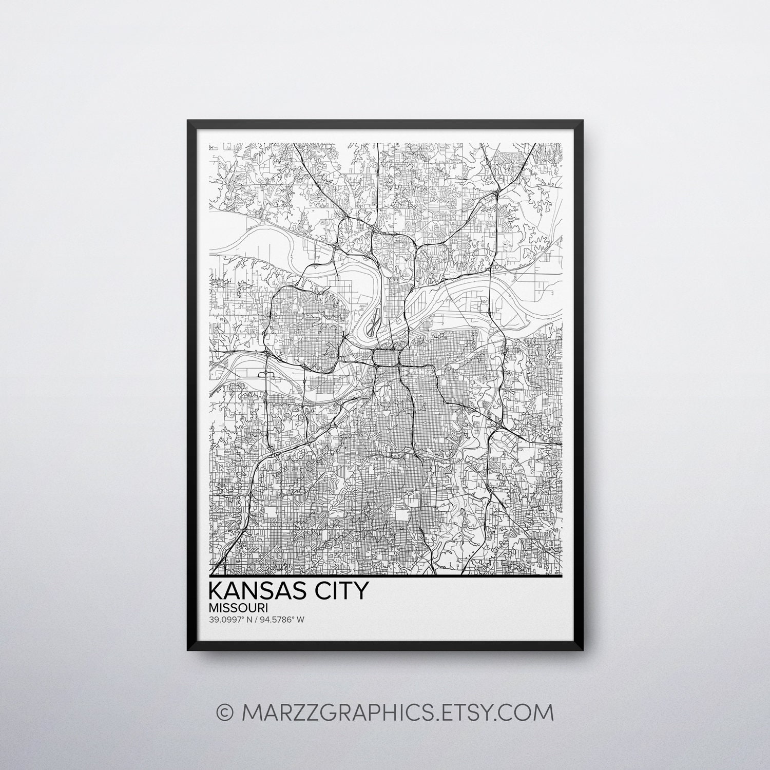 Kansas City map poster print wall art Missouri gift printable | Etsy