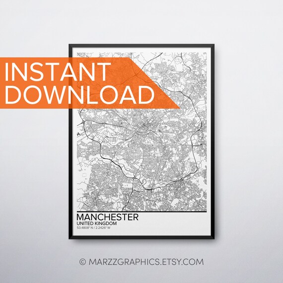 Manchester Map Poster Print Wall Art United Kingdom Gift Etsy Manchester Map Poster Print Wall Art United Kingdom Gift Etsy
