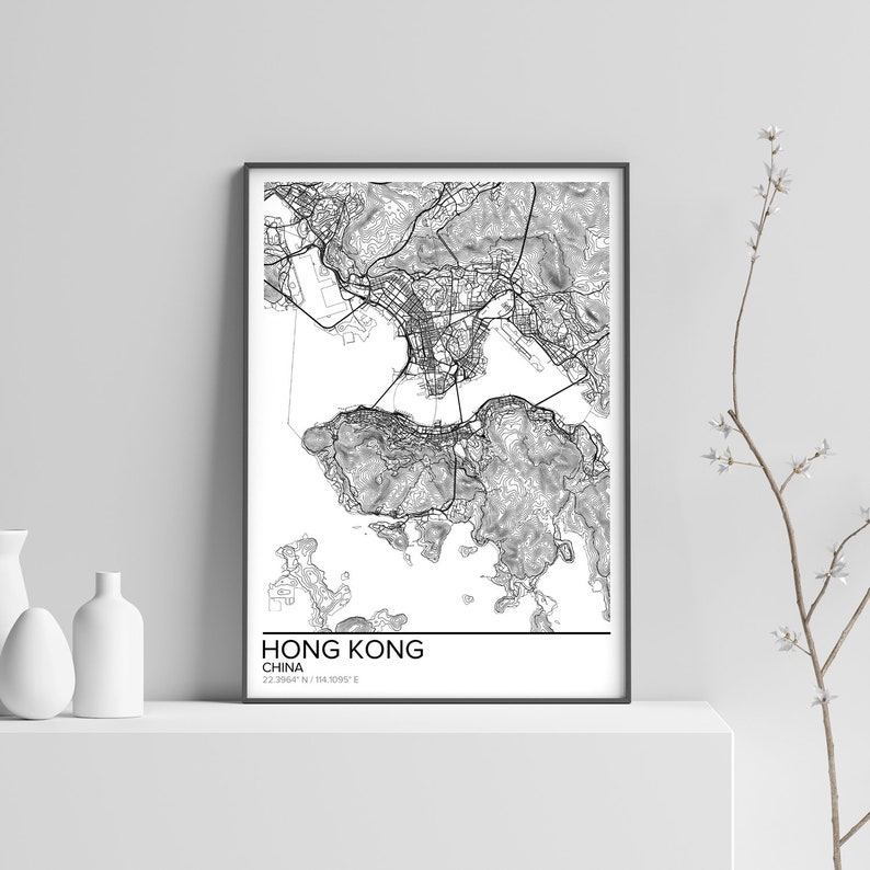Hong Kong map poster print wall art China gift printable Etsy