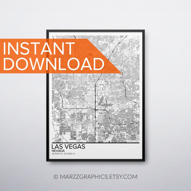 Las Vegas Map Poster Print Wall Art Nevada Gift Printable Etsy