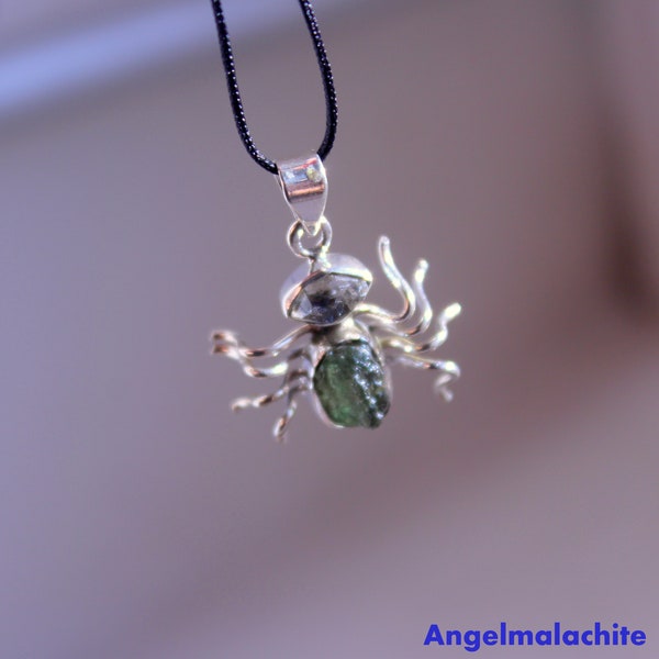 Collier femme, collier Diamant Herkimer et Moldavite , Diamant Herkimer, Moldavite, araignée, accessoire femme, bijoux, pierre, argent 925