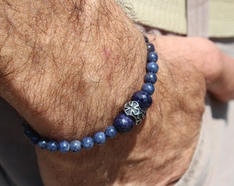 bracelet homme, bracelet saphir, saphir bleu, sérénité, apaise, accessoire homme, bijoux, cadeau pour lui, pierre, acier, saphir