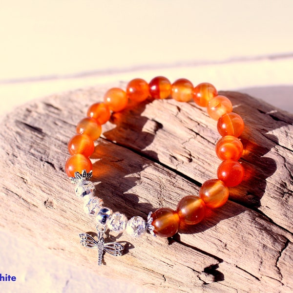 Bracelet enfant, bracelet Cornaline,  pierre énergétique, protecteur, cornaline, accessoire enfant, cadeau, bijoux, libellule, pierre,orange