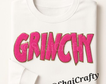 Cozy Chenille Patch Christmas Sweatshirt | Green & Pink Holiday Crewneck | Festive Cozy Sweater for Women | Handmade Winter Gifts