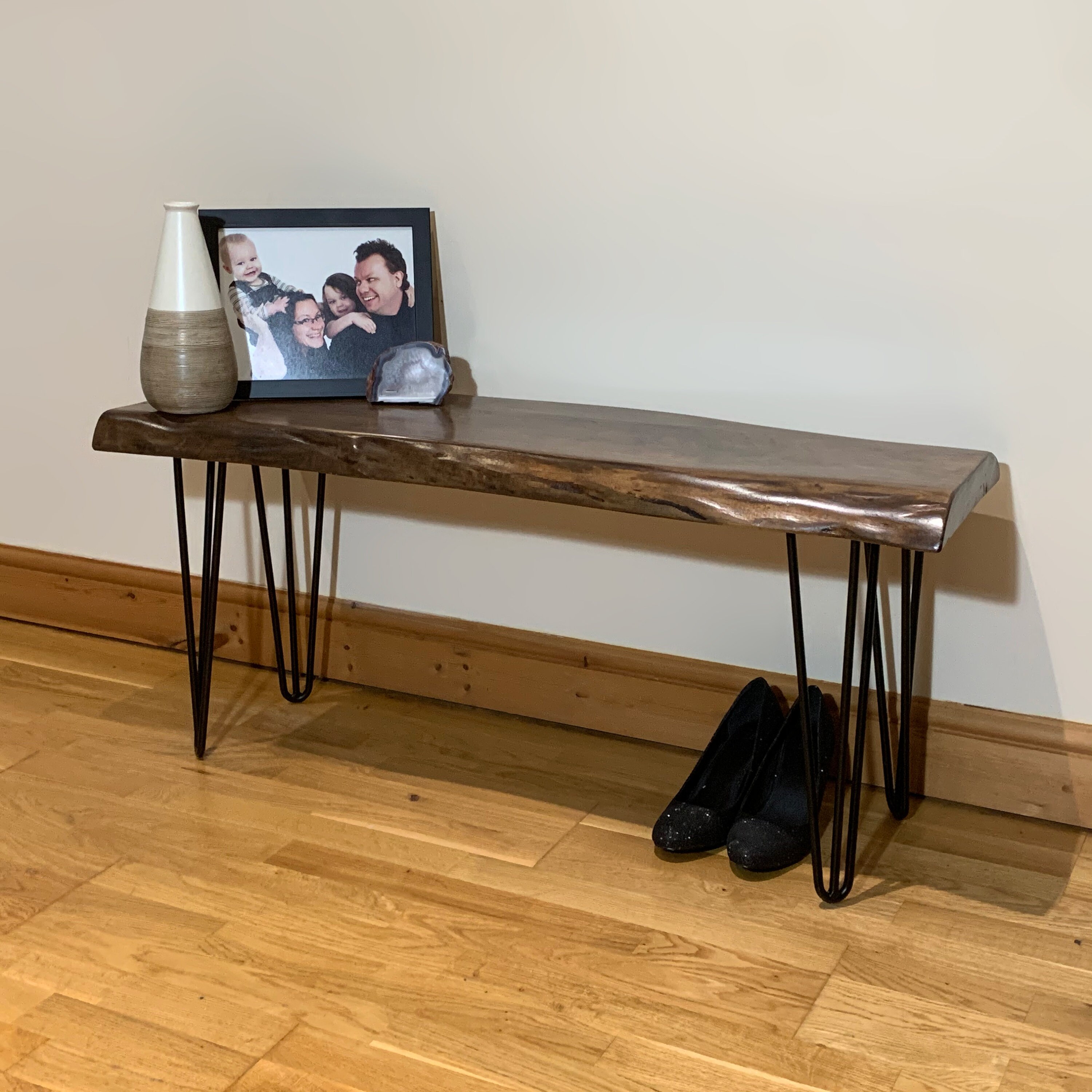 Live edge entryway walnut bench with hairpin legs Etsy