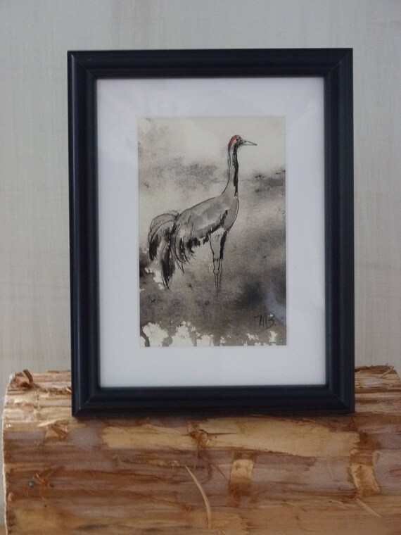 Dessin Original Encadré 20x15 Cm Grue Oiseau Encre De Chine Et Aquarelle 15x10cm Ornitho Cadeau Pour Lui Hommenaturaliste Eco Nature