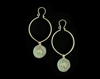 Solid Brass Hoops With Removable Eye Charm, Convertible Hoop Earrings, Celebrated & Seen, Gift For Her