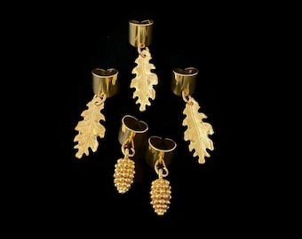 Autumn Leaves & Pine Cone Hair Cuffs, Solid Brass, Set Of 3, Hair Jewelry For Braids, Twists, And Dreadlocks