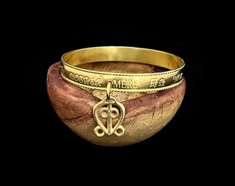 Mother’s Love Charm Bangle, Solid Brass Bangle With "Mother" In 11 Languages & Power Of Love Adinkra Charm