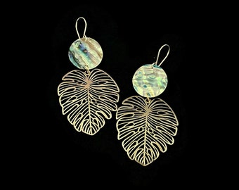 Natural Abalone Shell & Brass Monstera Leaf Earrings, Gift For Her, Nature Lover Gift, Shell Jewelry, Ocean Lover Gift