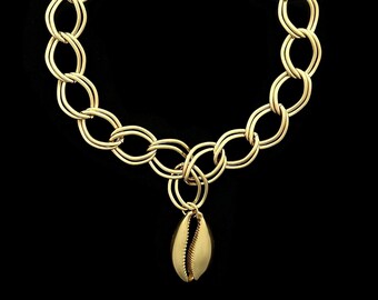 Bold Cowrie Shell Necklace, Double-Link Chain & Large Cowrie Shell, Solid Brass, Chunky Chain, Gift For Her, Jewelry Lover Gift