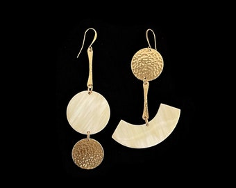 Unmatched Earrings, Modern Geometric Dangle Earrings, Textured Brass & Natural Horn
