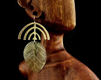 Hand Carved Leaf Earrings, Textured Brass & Natural Water Buffalo Horn, Modern Dangle Earrings