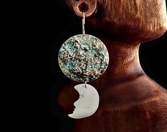 Moon Statement Earrings, Celestial Earrings, Textured Brass & Carved Bone, Zen Seeker Gift, Gift For Her