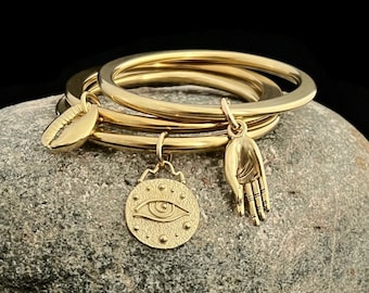 Thick Brass Charm Bangle, Choice of Evil Eye, Cowrie, Or Gyan Mudra Charm, Solid Brass Bracelet, Positive Vibes Only