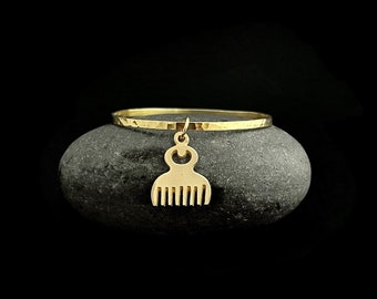 Adinkra Charm Bangle, Hammered Brass Bangle, Solid Brass Charm Bracelet, Stackable Bangle, Symbol Of Beauty & Cleanliness