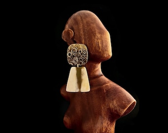 Large Geometric Abstract Earrings, Textured Brass & Horn Statement Earrings, Modern Dangle Earrings