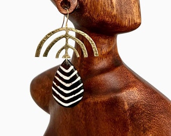 Batik Bone & Textured Brass Dangle Earrings, Modern Graphic Design, Earthy Statement Earrings