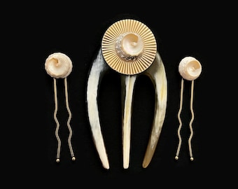 Sea Shell Hair Fork, Horn, Brass & Vintage Shell, Hair Jewelry