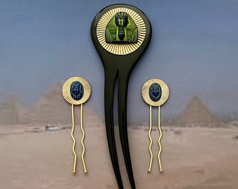 Egyptian Revival Hair Fork, Black Horn & Rare Czech Pressed Glass, Bun Pin, Egyptology Lover Gift