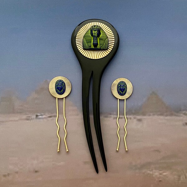 Egyptian Revival Hair Fork, Black Horn & Rare Czech Pressed Glass, Bun Pin, Egyptology Lover Gift