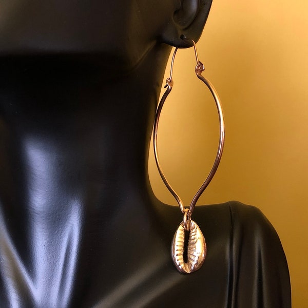 Cowrie Shell Hoop Earrings, Solid Brass Convertible Hoop Earrings
