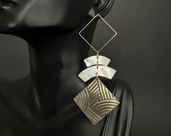 Modern Geometric Earrings, Mother Of Pearl & Patinaed Brass, Zen Lover Gift, Nature Lover Gift, Ocean Lover Gift