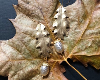 Oak Leaf & Acorn Earrings, Solid Brass Leaf And Vintage Acorn, Autumn Earrings