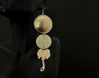 Large Elephant Head Earrings, Textured Brass & Horn Dangle Earrings, Bold Statement Drop Earrings