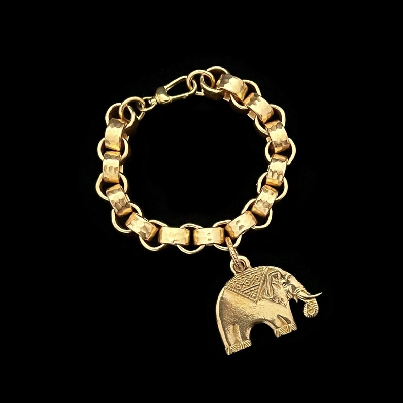 Elephant Charm Bracelet, Textured Brass Links, Heavy Link Chain, Solid Brass Bracelet, Jewelry Lover Gift, Maximalist Gift image 4