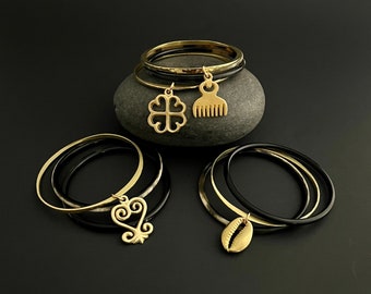 Adinkra Bangle Set, Horn & Textured Brass Bangles, Afrocentric Bracelet Set, Charm Bangle Set, Akan Jewelry