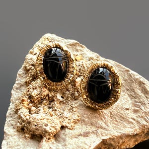 Black Scarab Stud Earrings, Vintage Glass Scarabs In Textured Brass Setting, Egypt Lover Gift, Meaningful Gift, Gift For Her