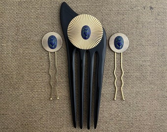 Egyptian Hair Fork, Egyptian Revival Hair Pin, Horn & Vintage Czech Glass