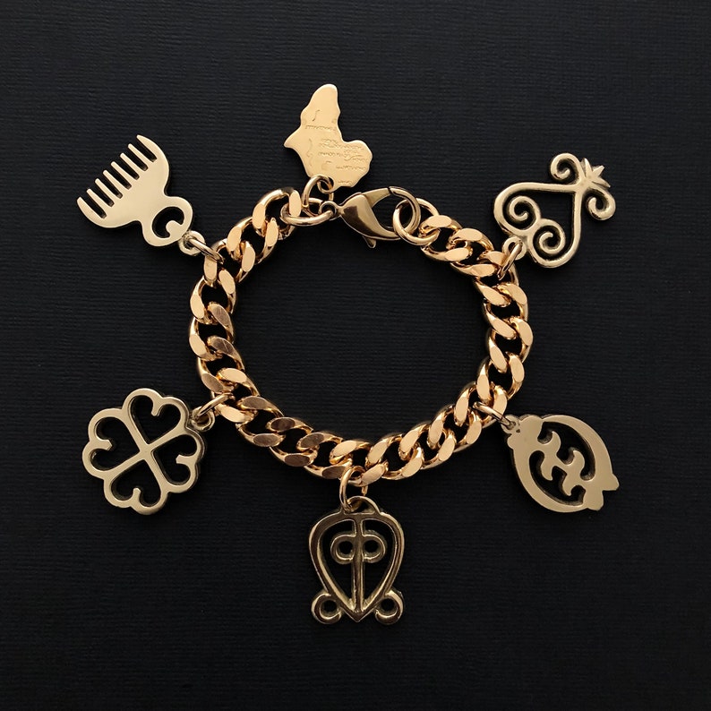 Adinkra Charm Bracelet, Solid Brass, Chunky Chain, Heavy Link Chain, Cultural Statement Bracelet image 5
