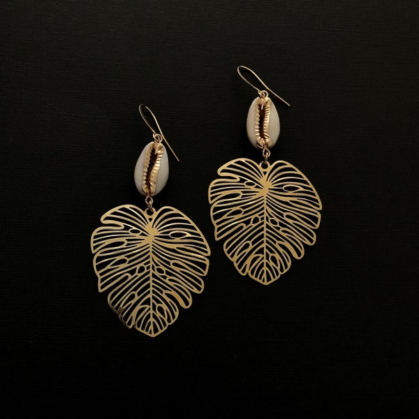 Cowrie Shell Earrings, Natural Cowrie Shell & Monstera Leaf Statement Earrings