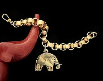 Elephant Charm Bracelet, Textured Brass Links, Heavy Link Chain, Solid Brass Bracelet, Jewelry Lover Gift, Maximalist Gift