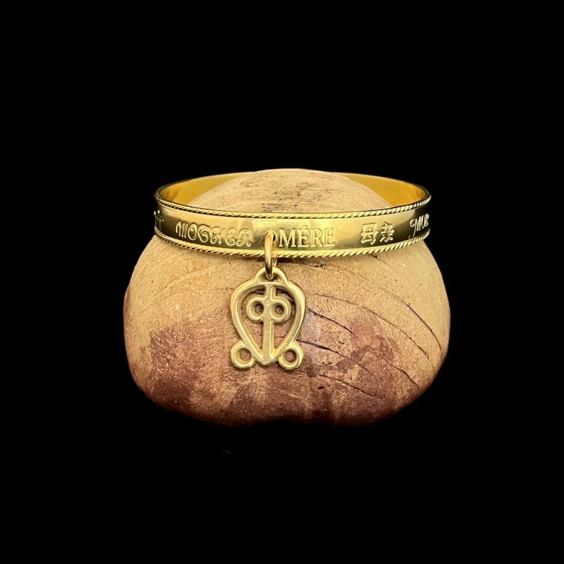 Mothers Love Charm Bangle, Solid Brass Bangle With Mother In 11 Languages & Power Of Love Adinkra Charm image 2