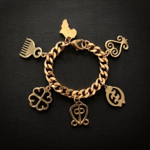 Adinkra Charm Bracelet, Solid Brass, Chunky Chain, Heavy Link Chain, Cultural Statement Bracelet image 3