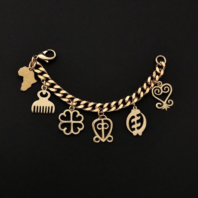 Adinkra Charm Bracelet, Solid Brass, Chunky Chain, Heavy Link Chain, Cultural Statement Bracelet image 2