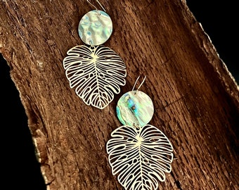 Natural Abalone Shell & Brass Monstera Leaf Earrings, Gift For Her, Nature Lover Gift, Shell Jewelry, Ocean Lover Gift