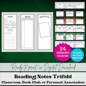 Könnte beinhalten: Eine druckbare Trifold-Vorlage für Lesehinweise. Die Vorlage enthält Abschnitte für Rezension, Tracker und Lesenotizen. Das Bild zeigt 24 verschiedene Trifold-Vorlagen, darunter eine Vielzahl von Farben und Mustern. Der Text "Ready to print xx Digital Download" und "Reading Notes Trifold" ist im Bild enthalten.