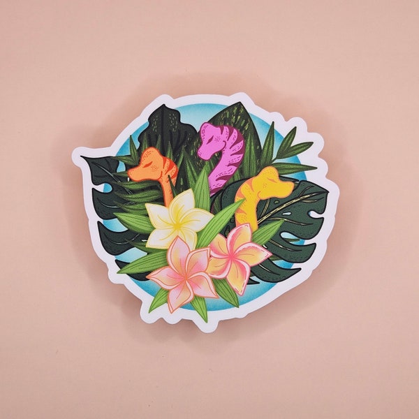 Brachiosaurus Bouquet Sticker, Laptop Decal, Dinosaur Themed Gift, Feminine Dinosaur Art, Dinosaur Flowers, Tropical Flower Design