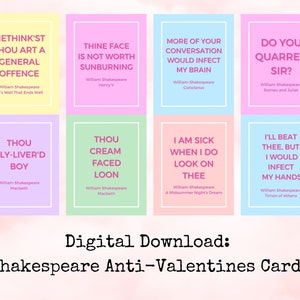 Cartões engraçados para impressão anti-dia dos namorados de Shakespeare, atividade humorística na biblioteca, humor em sala de aula, dia dos namorados sarcástico, download digital