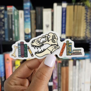 Dinosaur Book Stack Sticker, T-Rex Skull, Science Art